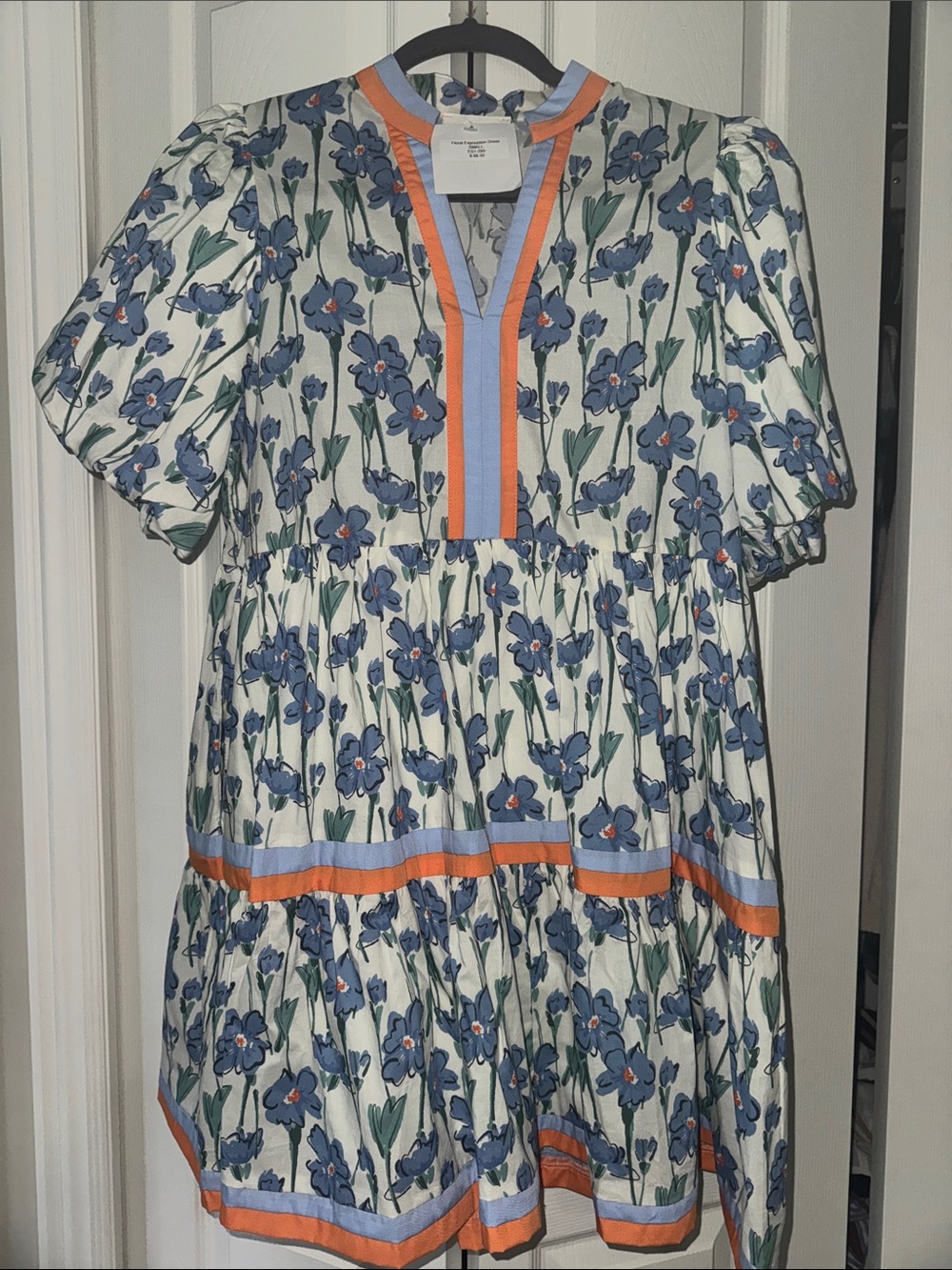Floral Tiered Mini Dress in White with Blue & Orange Trim Entro from Chartreuse
